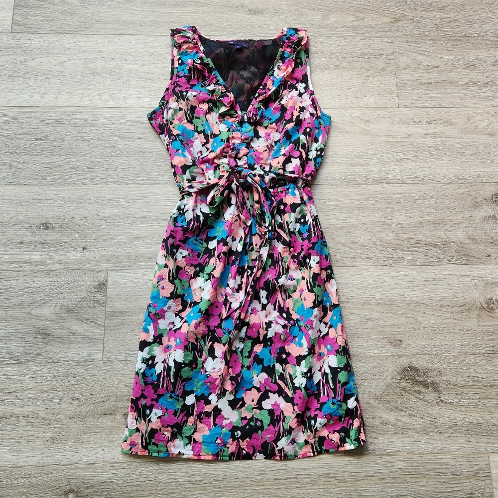 Gap Floral Dress Womens 4 Pink Blue Sleeveless Tie Belt Cotton